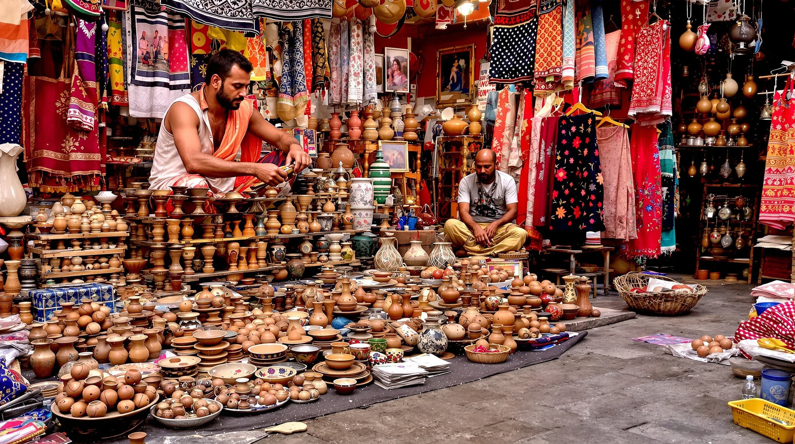 Traditional handicrafts market in Godhra showing Bandhani textiles and pottery